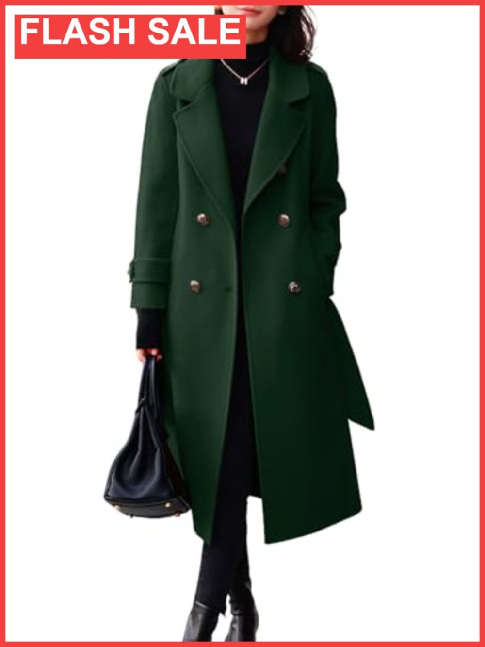 Wool Pea Coat Double Breasted Belted Midi Trench Coat